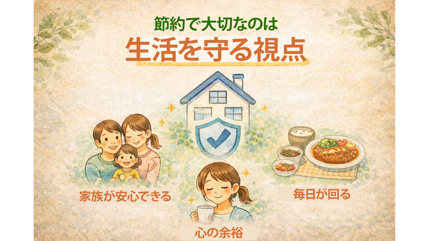 節約で大切なのは生活を守る視点であることを、安心できる家族・心の余裕・回る日常のイラストで表現した画像