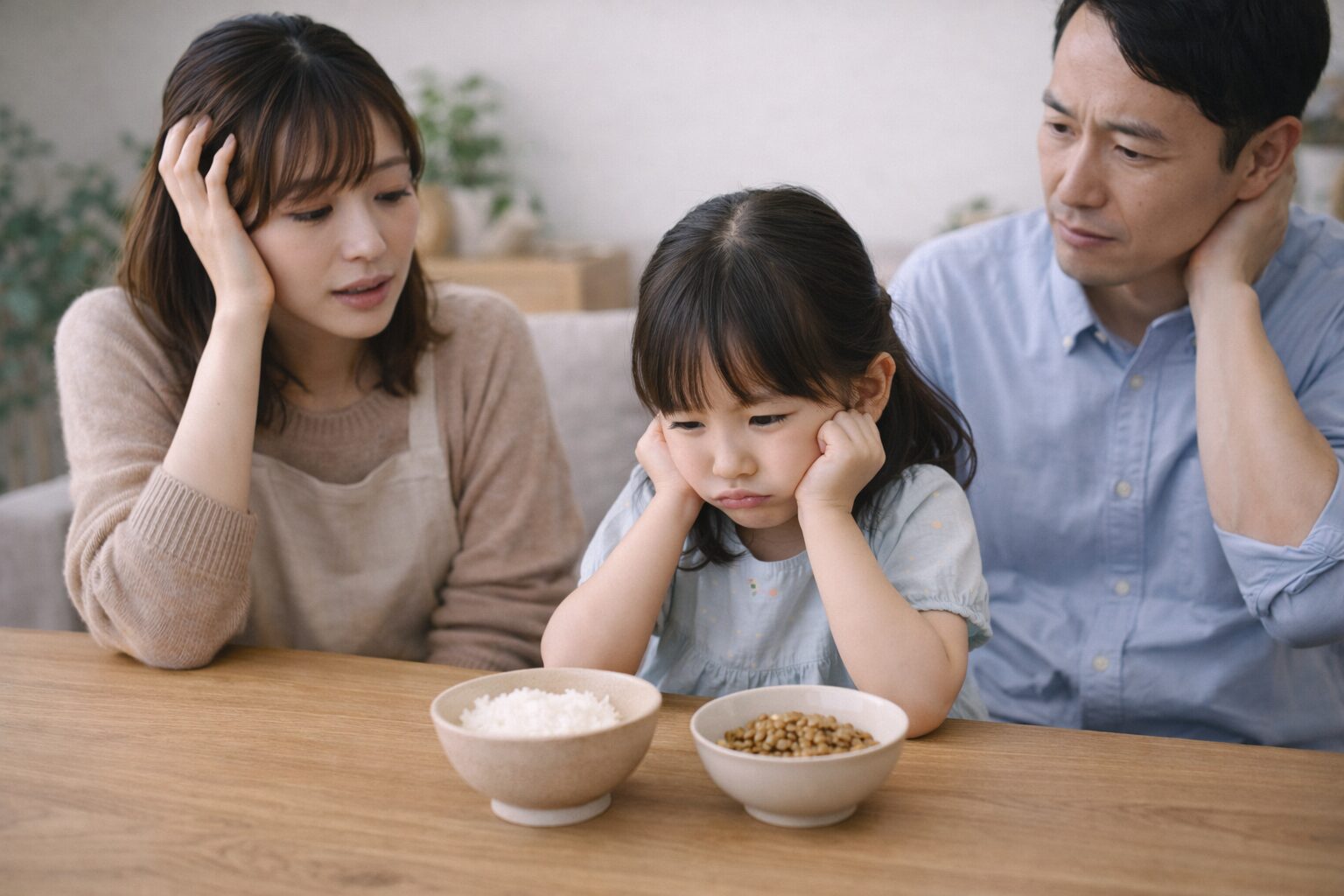 納豆とご飯だけの食事に不満そうな子どもと困っている両親の日本の食卓のイメージ