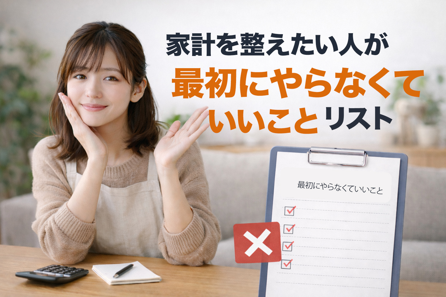 家計整理のチェックリストを確認する初心者主婦のイメージ