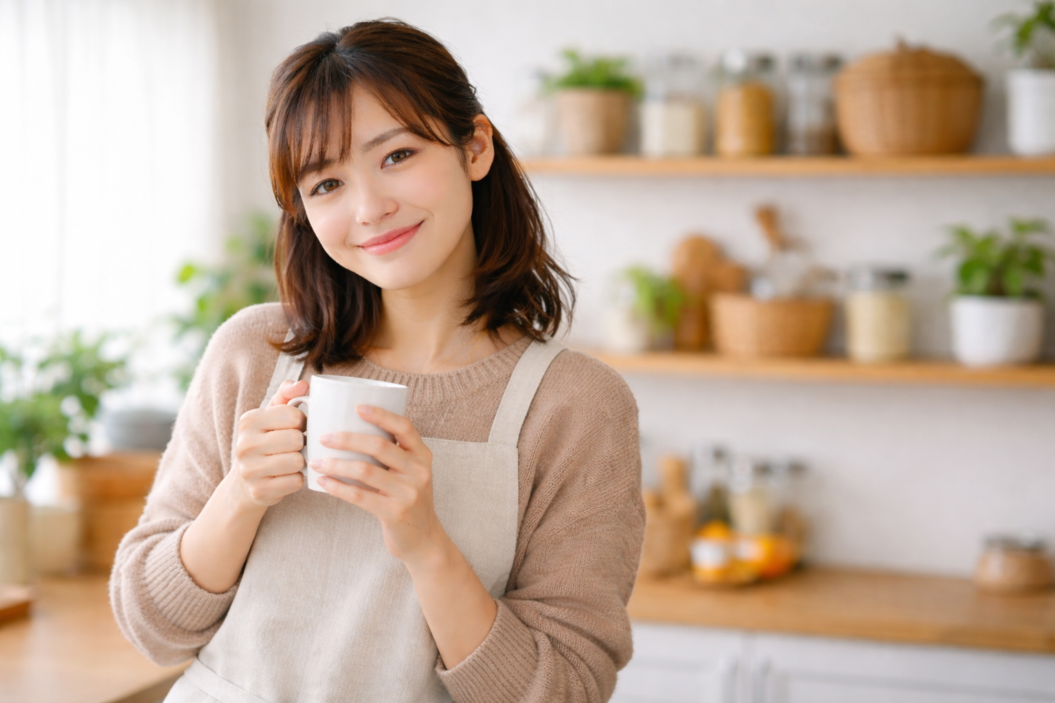 明るいキッチンで笑顔を見せる主婦のイメージ写真
