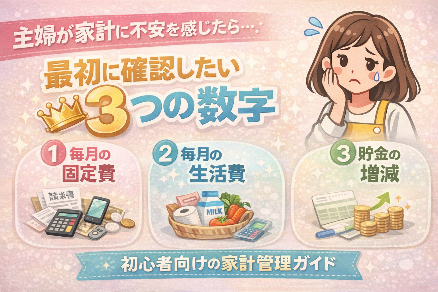 家計に不安を感じた主婦が確認すべき3つの数字（固定費・生活費・貯金）のイメージ