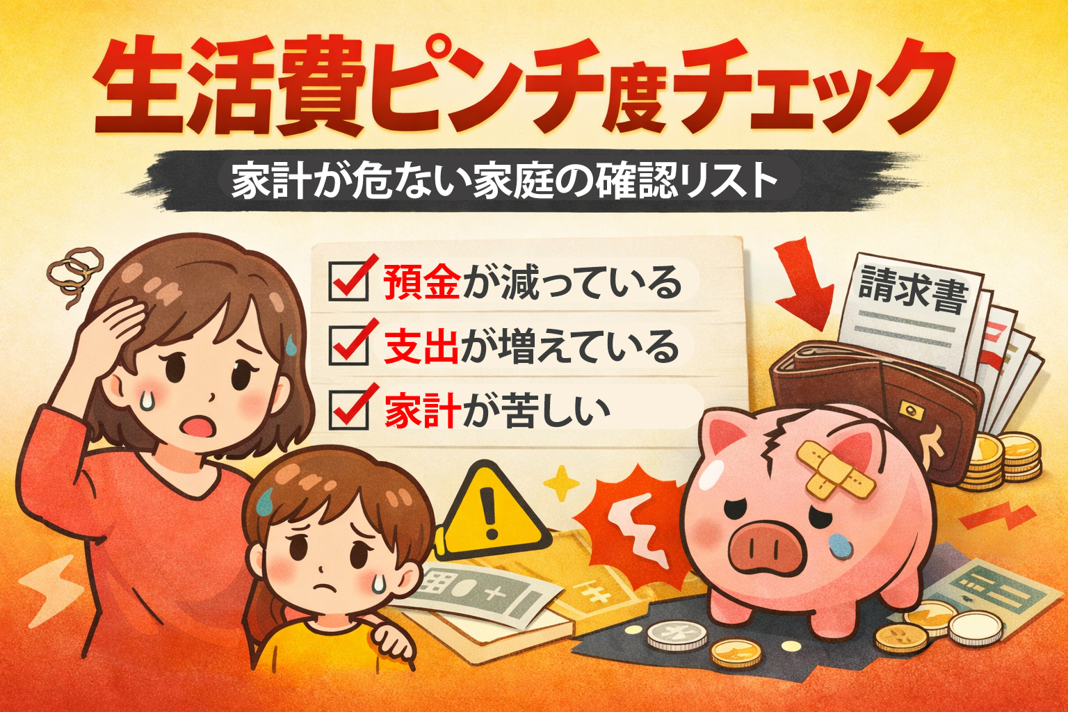 生活費がピンチの家庭をイメージした家計危険サインのイラスト
