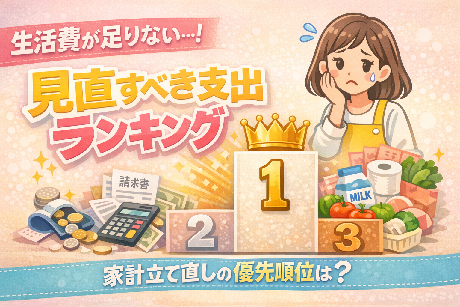 生活費が足りない家庭が見直すべき支出ランキングを解説するイラスト