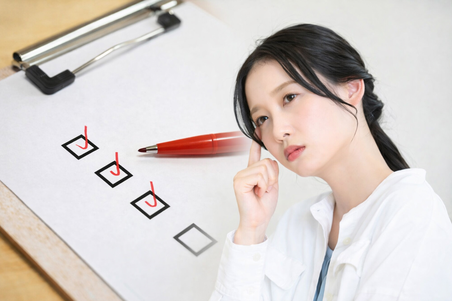 チェックリストを前に悩みながら考える女性