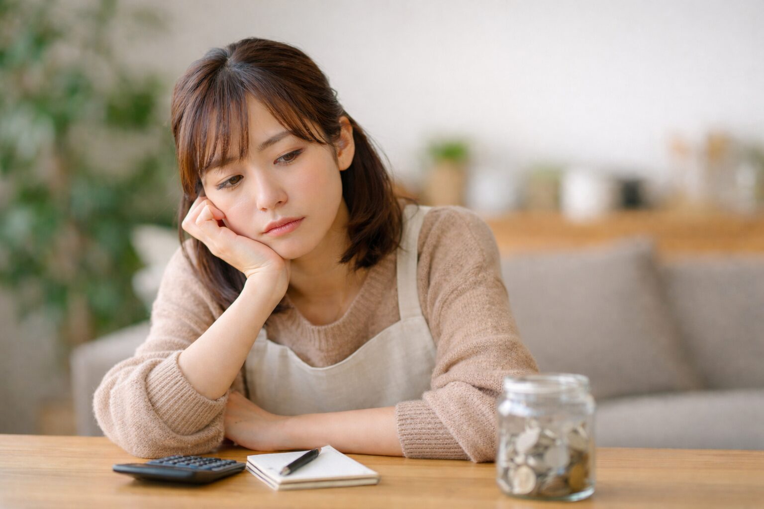 節約に疲れた様子の主婦が家計簿と電卓を前に考え込んでいるイメージ写真