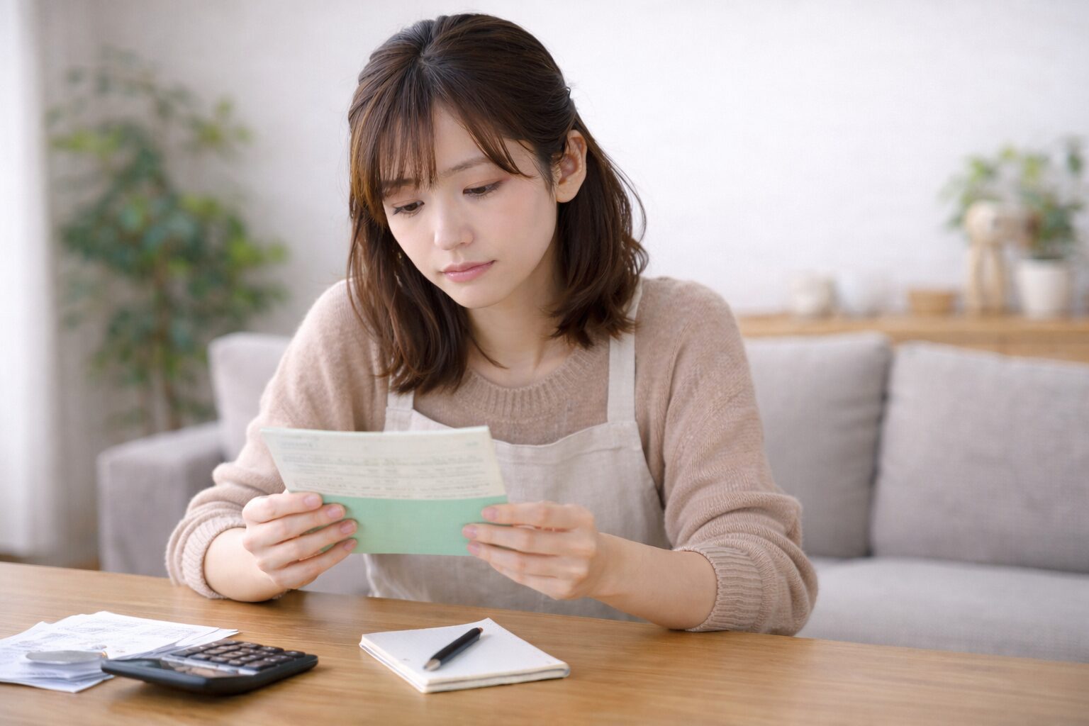 通帳を見て家計の状況に不安を感じている主婦のイメージ